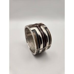 Lanvin‎ Paris Vintage Art Deco Enamel Hinged Cuff Bracelet Silver Brown Black